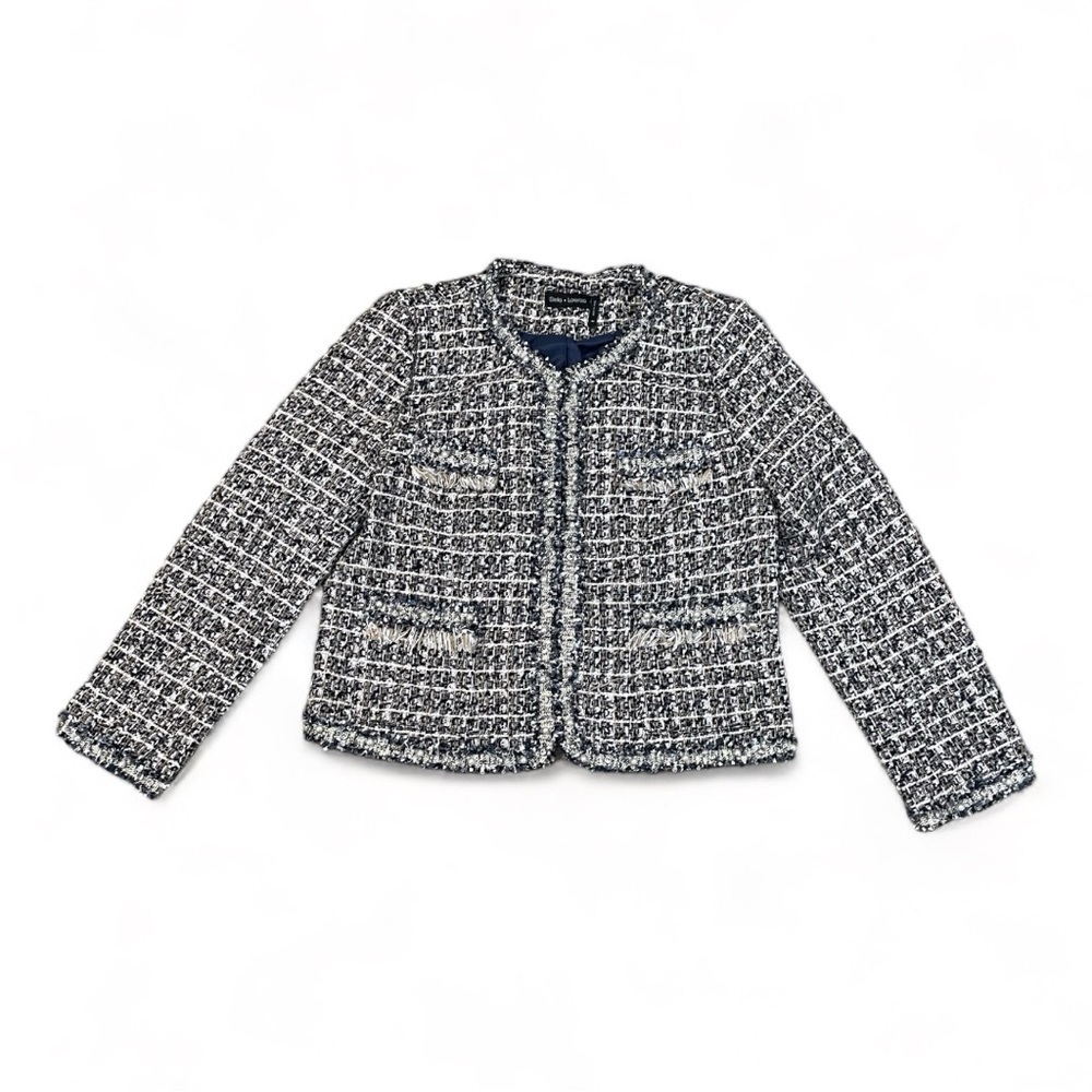 STELLA + LORENZO Tweed Navy White Pearl Rhinestone Embellished Blazer Medium‎ M